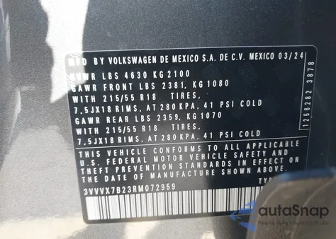 2024 Volkswagen Taos 1.5T Se from USA, damaged, VIN 3VVVX7B23RM072959